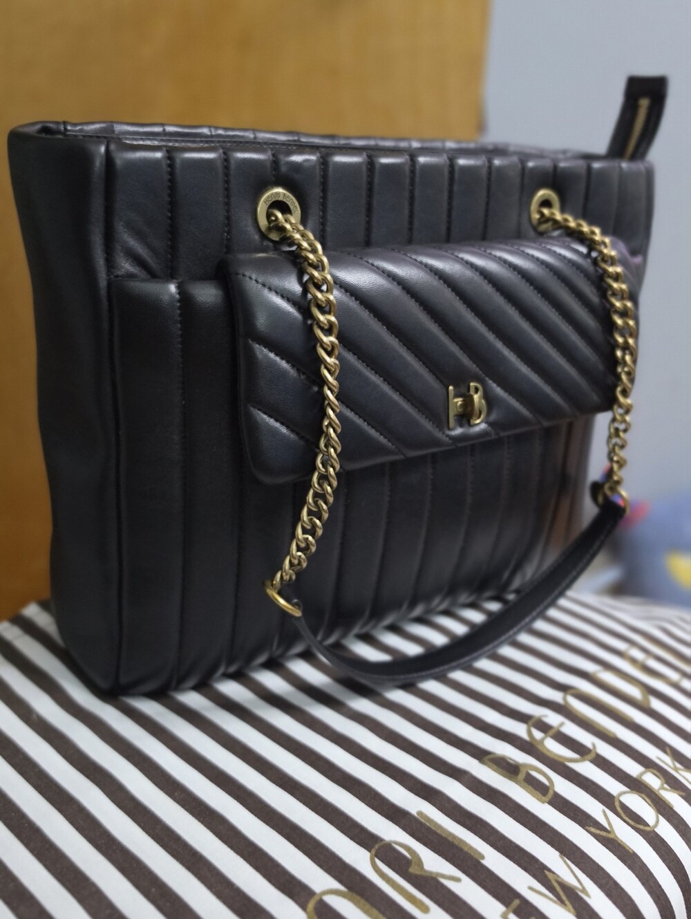 Henri Bendell Black Quilted Leather Tote with Gold Chain And Accents
